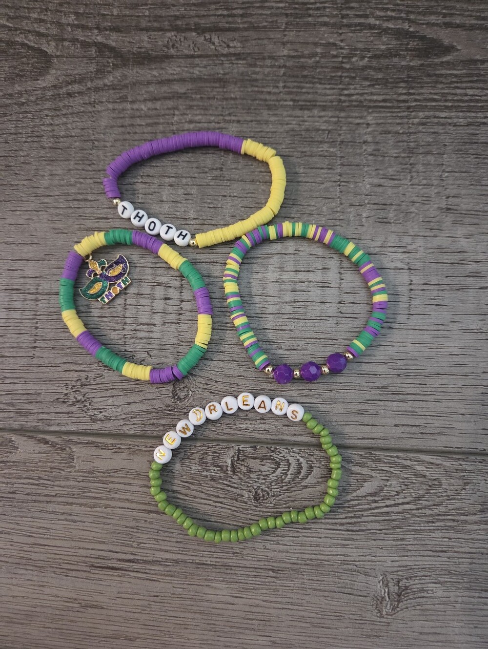 Kids Mardi Gras Beaded Stretch Bracelet Set - Purple, Green & Yellow